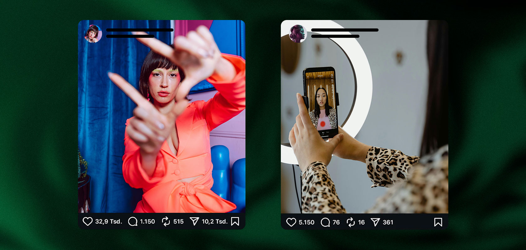 Zwei Social-Media-Posts: eine Frau, die ihr Gesicht mit den Händen einrahmt, und eine Person, die ein Selfie mit einem Ringlicht macht.