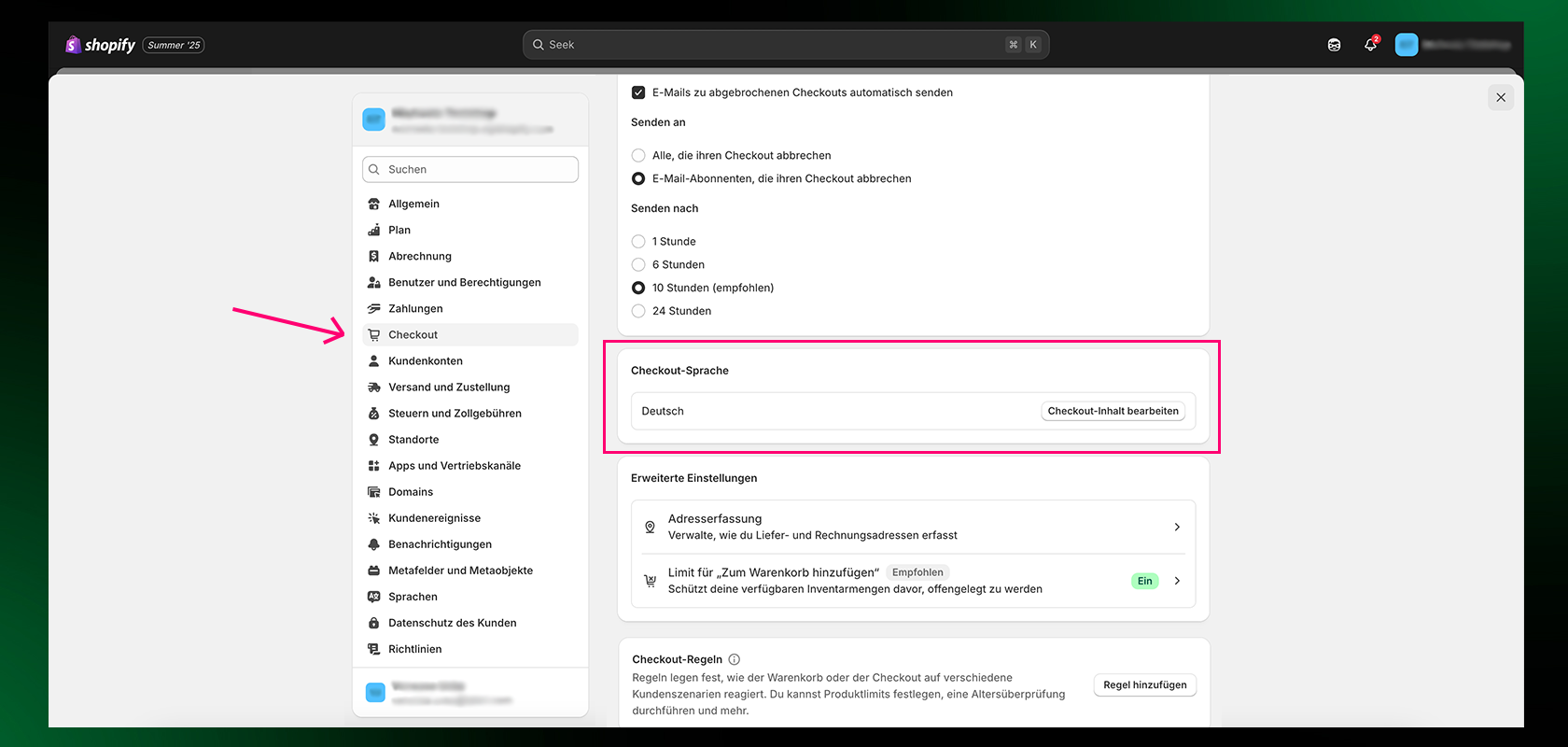 Shopify-Einstellungsseite auf Deutsch, mit Hervorhebung des Abschnitts „Checkout“. Ein Pfeil zeigt auf „Checkout-Sprache“ mit der Auswahl „Deutsch“.