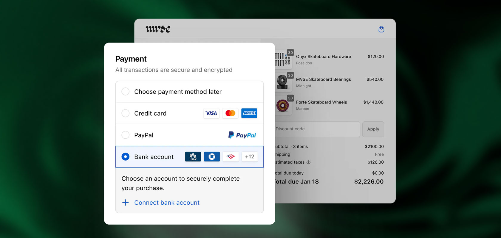 Checkout payment modal over blurred order summary: options — choose later, credit card, PayPal, bank account selected; total $2,226.