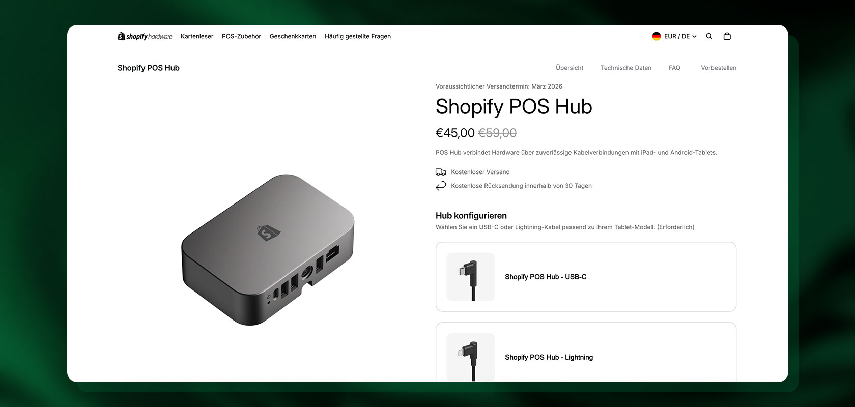 Screenshot of Shopify POS Hub product page showing a compact gray hub with multiple ports, price, and configuration options.