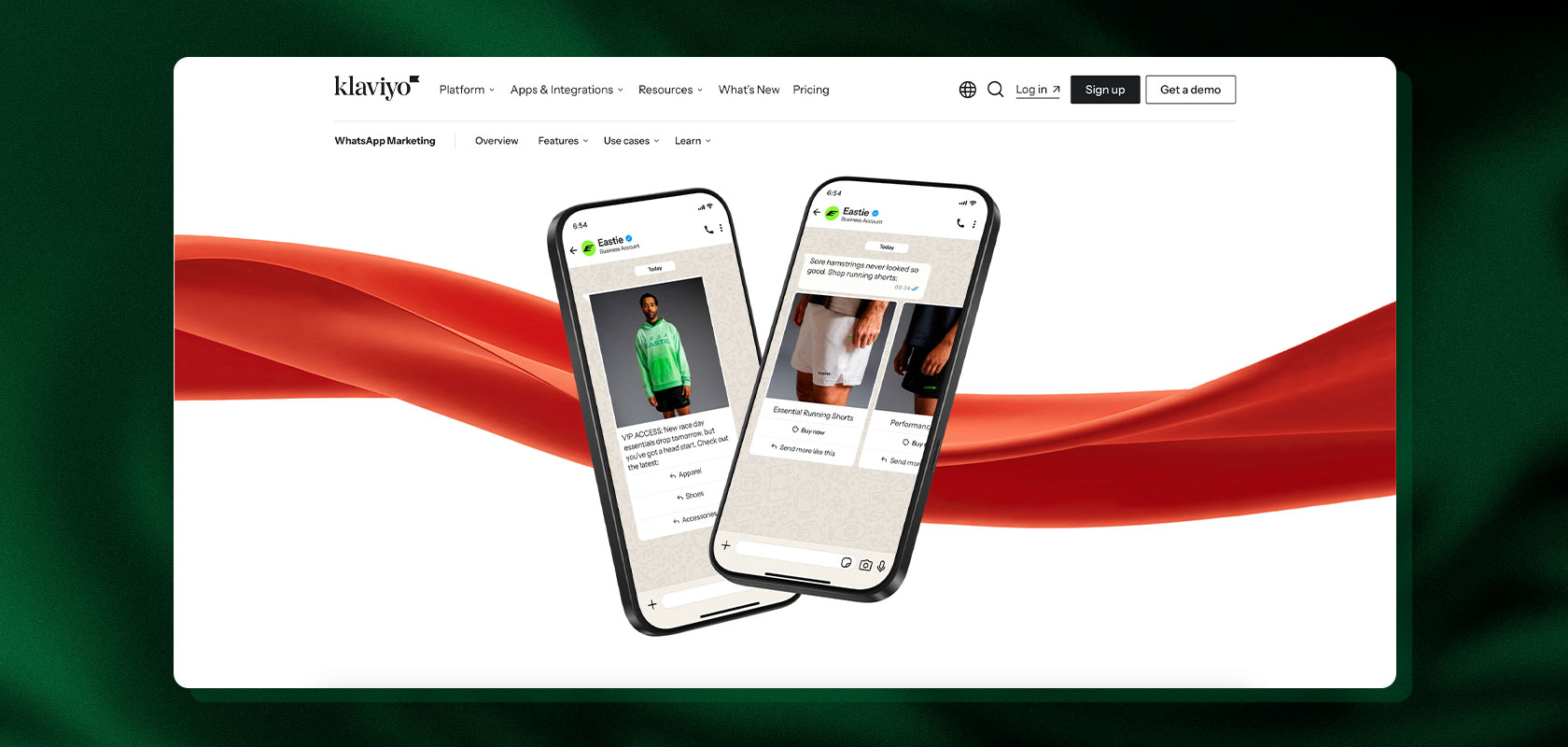 Screenshot of a Klaviyo webpage showing two smartphones displaying WhatsApp marketing messages