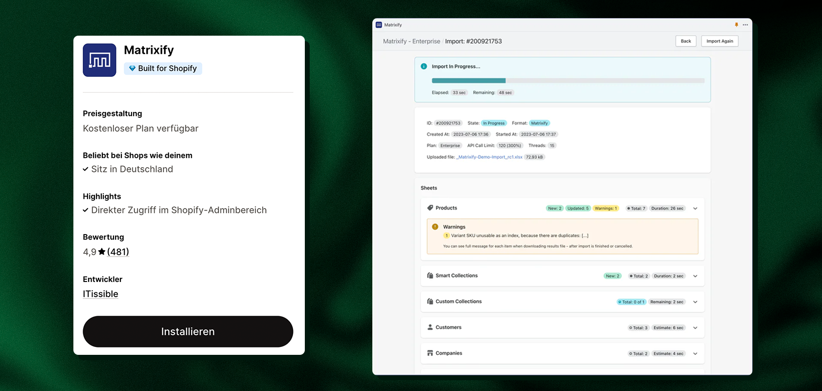 Ein Screenshot zeigt matrixify