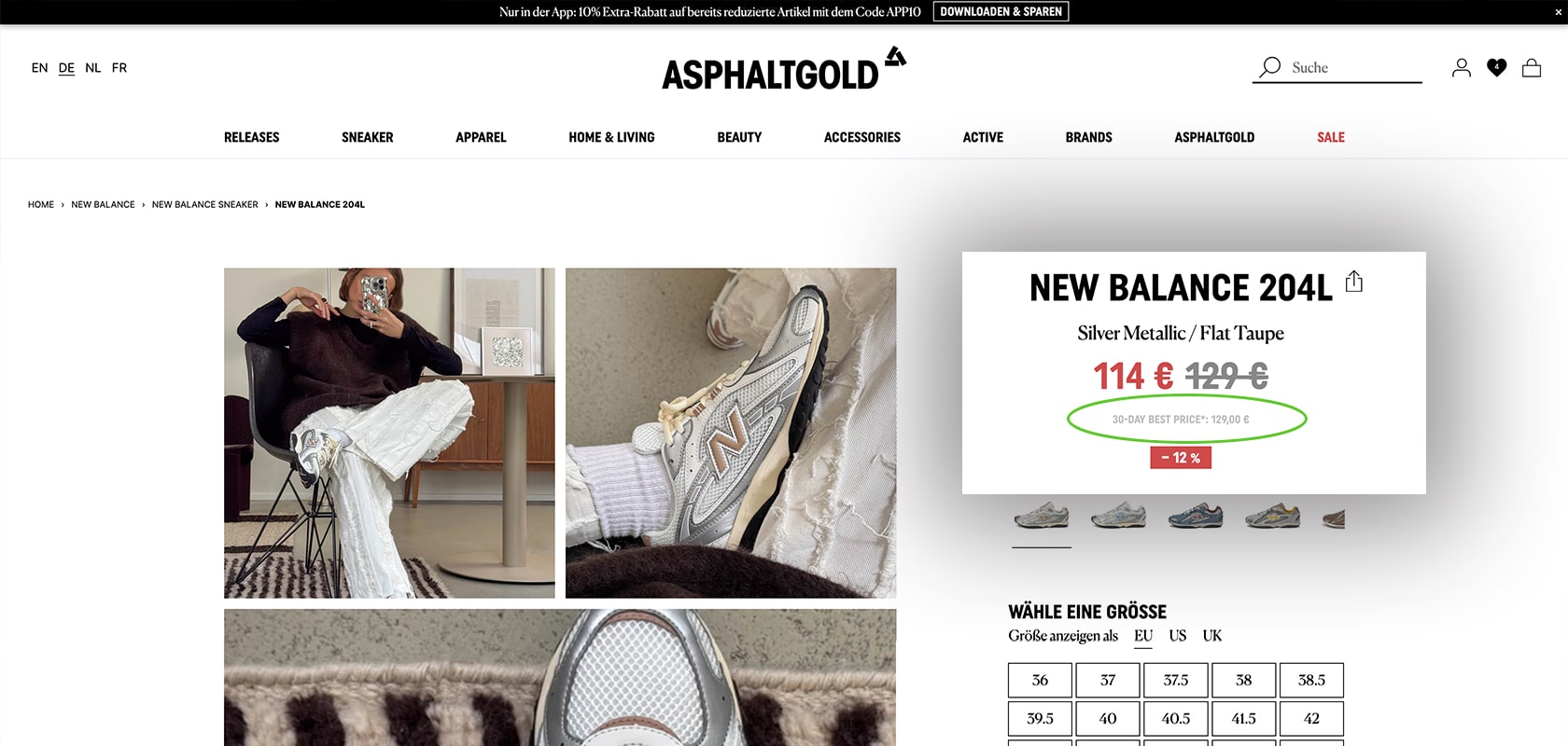 Website mit einem Sonderangebot für New Balance 204L Sneakers, reduziert von 127,95 € auf 114 €. Größen von EU 36 bis 48.