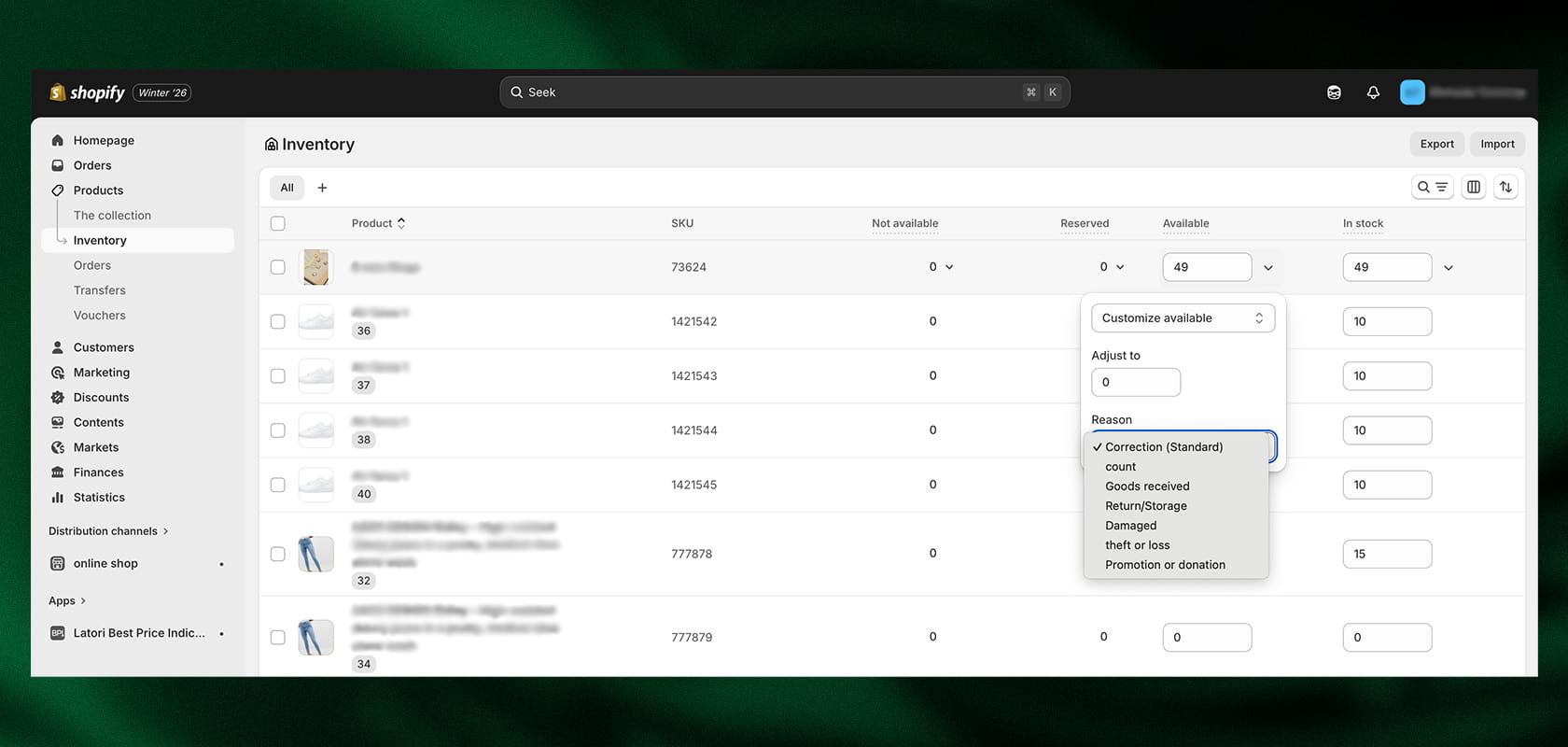 Shopify inventory management interface showing a list of products, SKUs, availability, and an open dropdown menu with various options.