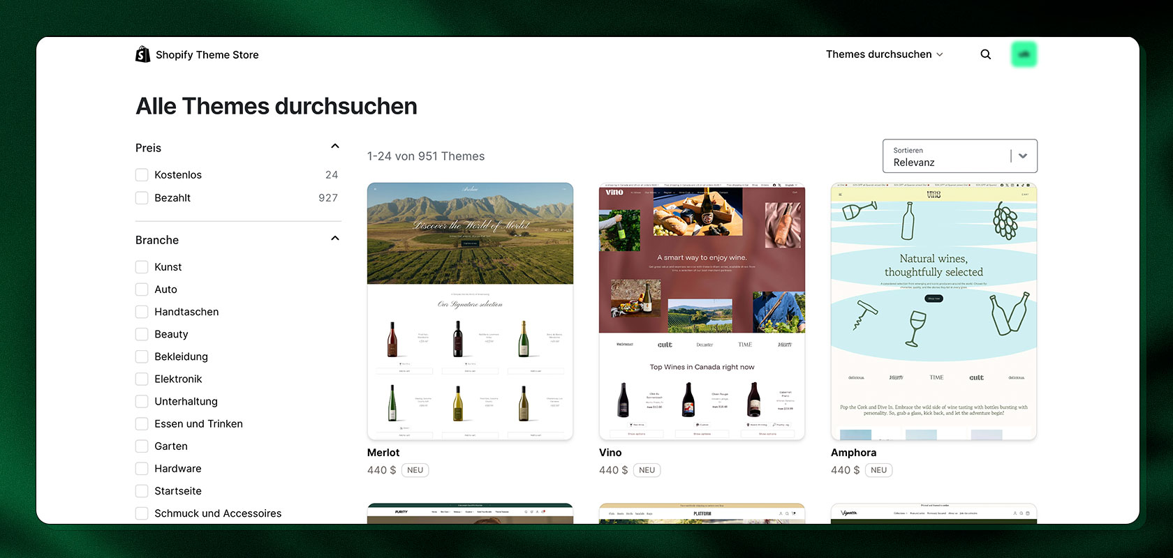 Shopify Theme Store-Seite mit verschiedenen Designs, darunter „Nest“, „Vino“ und „Amphora“, mit Filtern für Preis und Kategorie auf der linken Seite.