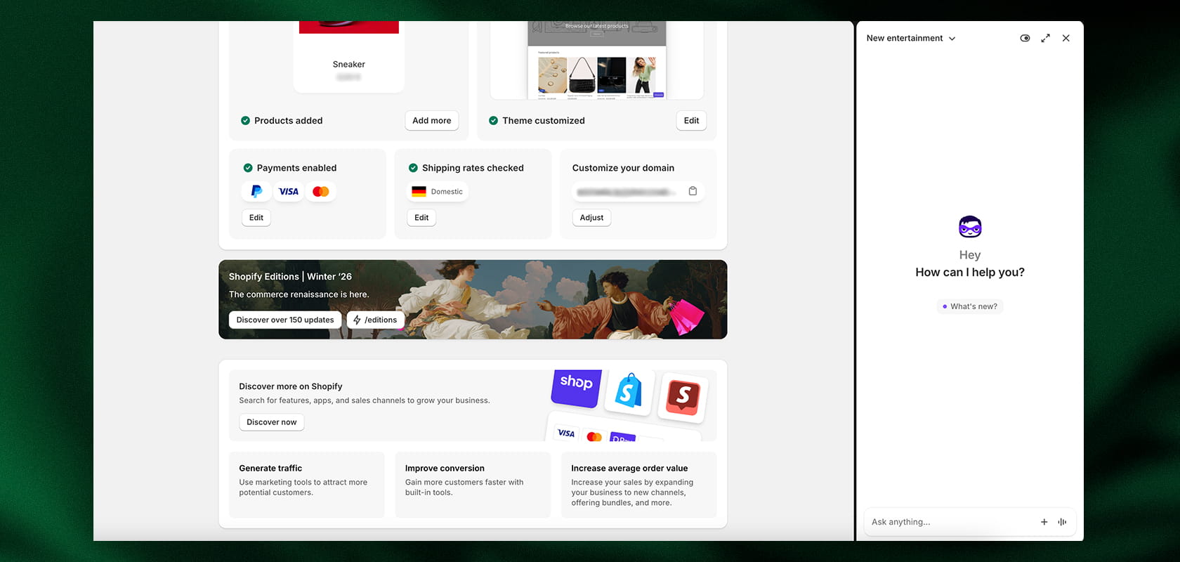 A split-screen showing a website dashboard with menu options on the left and a chat interface on the right asking, "How can I help?".