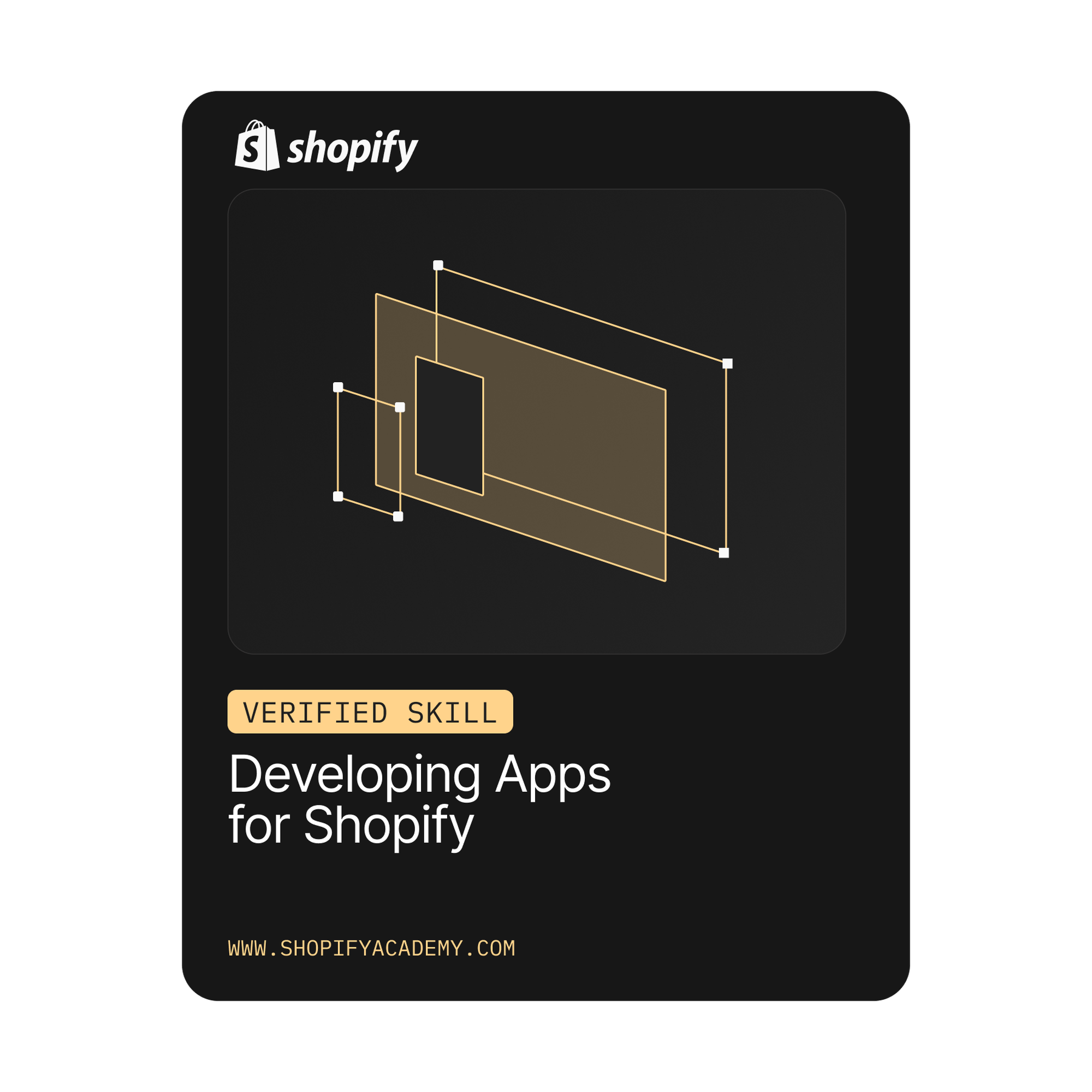 Schwarzes Abzeichen mit dem Shopify-Logo, dem Text „Verifizierte Kompetenz: Entwicklung von Apps für Shopify“ und abstrakten geometrischen Linien.
