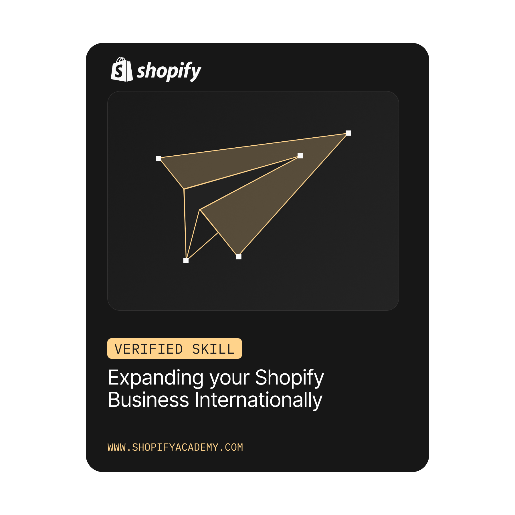 Ein Shopify-Abzeichen mit dem Titel „Verifizierte Kompetenz: Internationalisierung Ihres Shopify-Geschäfts” und einem Papierflieger-Symbol.