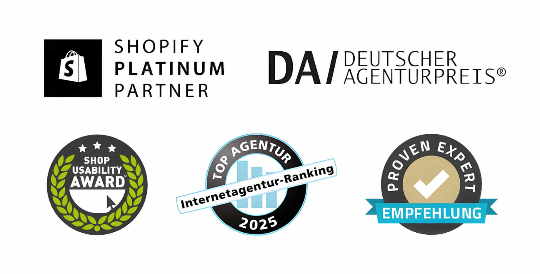 Logos und Auszeichnungen, darunter Shopify Platinum Partner, Deutscher Agenturpreis, Shop Usability Award, Top Agentur 2025 und Proven Expert.