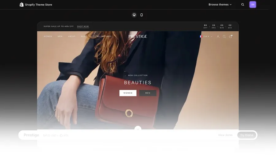 A website preview showcasing a new collection called “Beauties” with the categories “Women” and “Men,” featuring a person holding a red handbag.