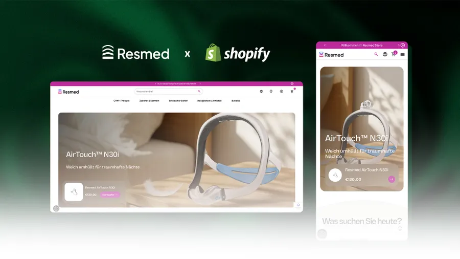 Desktop- und Mobilansicht des Resmed-Onlineshops auf Shopify mit der AirTouch N30i CPAP-Maske.