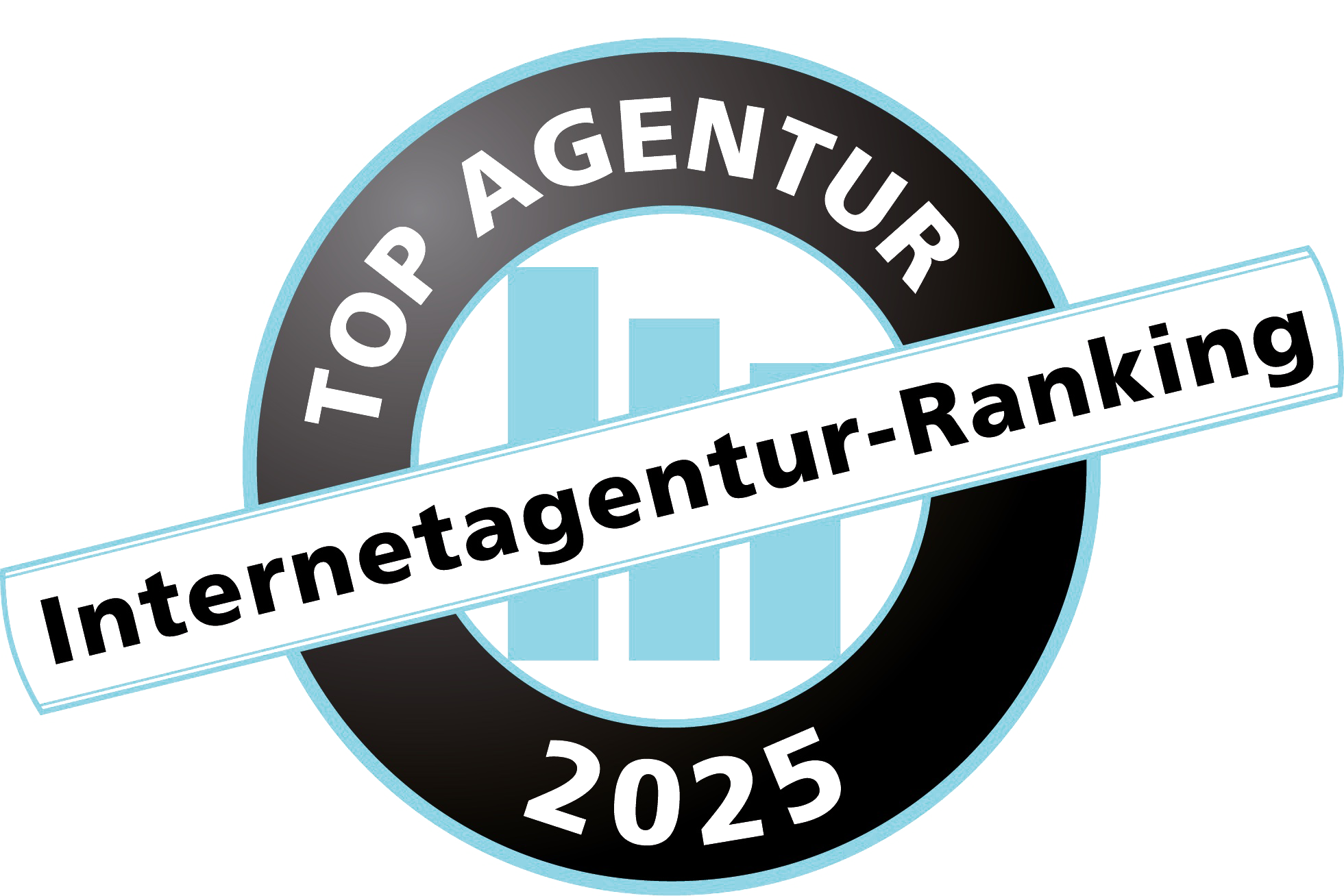 Abzeichen mit „TOP AGENTUR 2025” und „Internetagentur-Ranking” überlagert auf einem blauen Balkendiagramm in kreisförmigem Design.