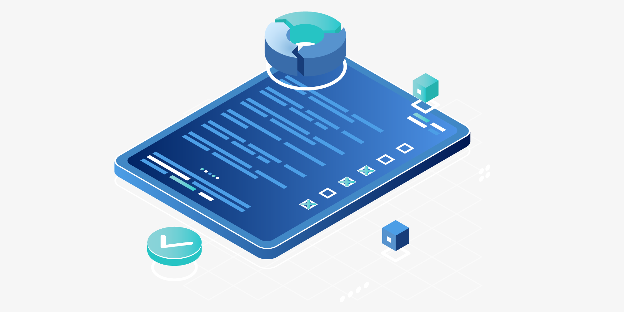Isometrische Illustration eines digitalen Tabletts mit einer Checkliste, umgeben von einem Tortendiagramm, Würfeln und einem Häkchensymbol.