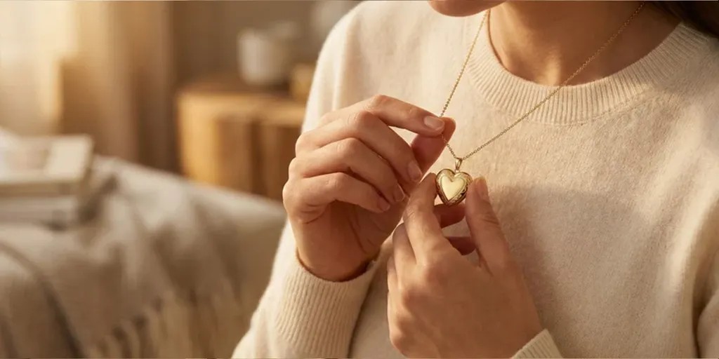 Eine Person, die einen beigen Pullover trägt, hält in warmem, sanftem Licht eine Halskette mit einem herzförmigen Medaillon in der Hand.