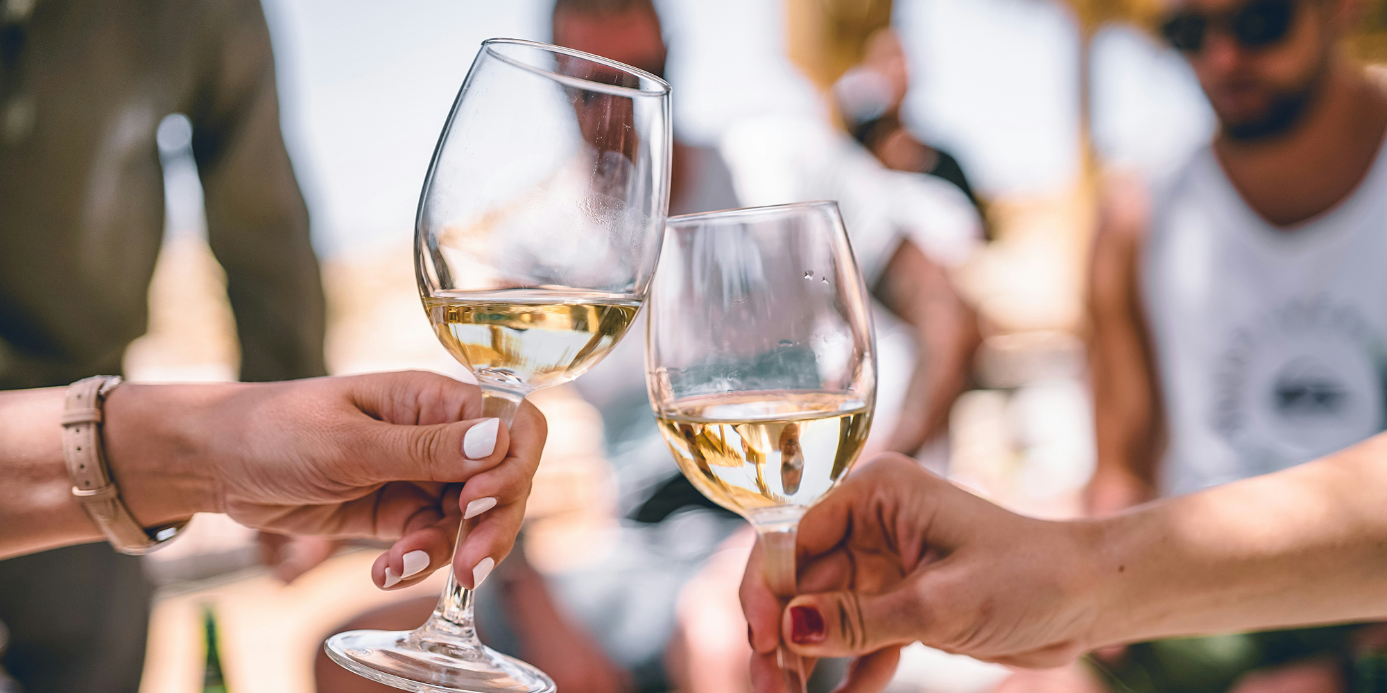 Zwei Personen stoßen mit Weißweingläsern an, um zu feiern, im Hintergrund eine sonnige Versammlung im Freien.