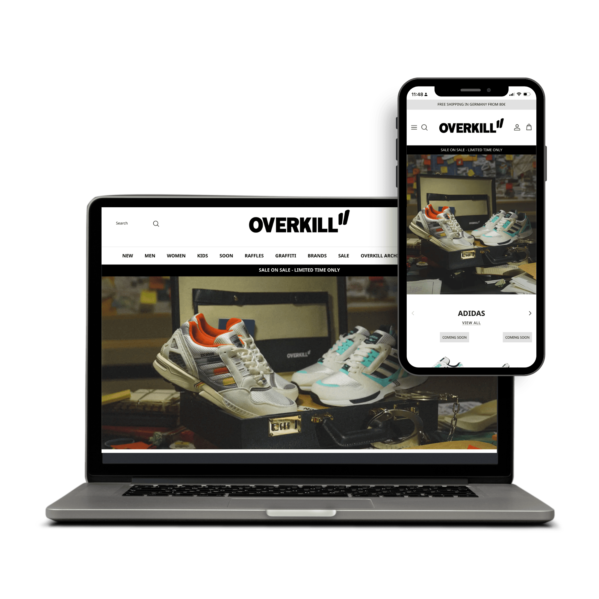 Laptop und Smartphone, die parallel den Overkill-Online-Shop mit Sneaker-Angeboten in der Desktop- und Mobilansicht zeigen.