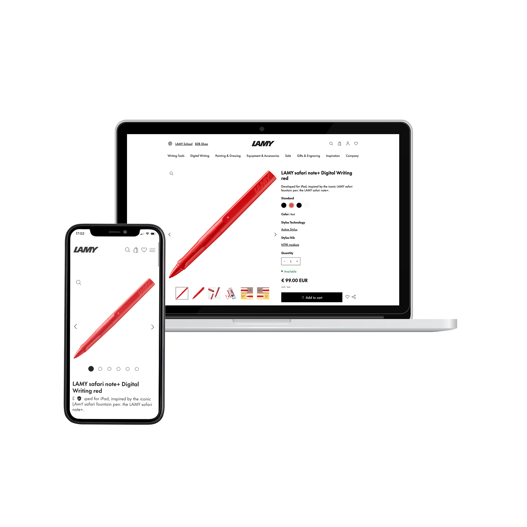 A laptop and a smartphone display a Lamy product detail page in desktop and mobile views.