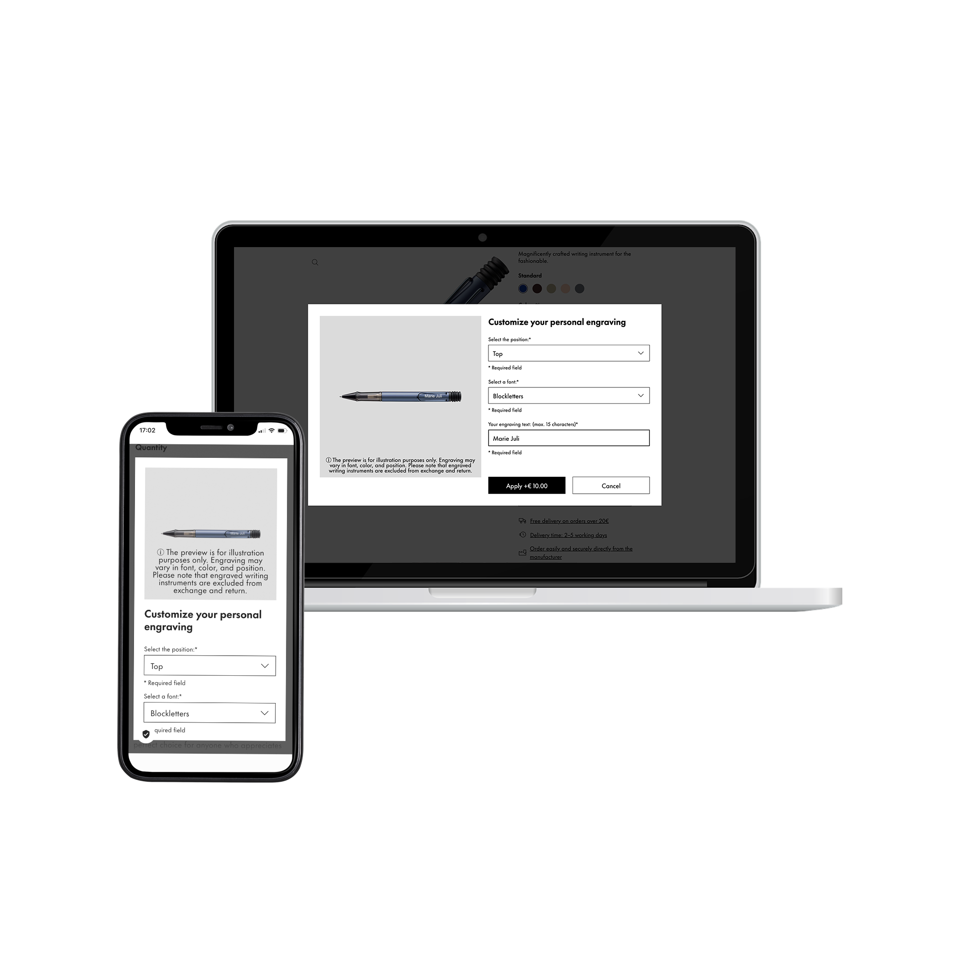 A laptop and a smartphone display a menu for customizing engravings on the Lamy website in desktop and mobile views.
