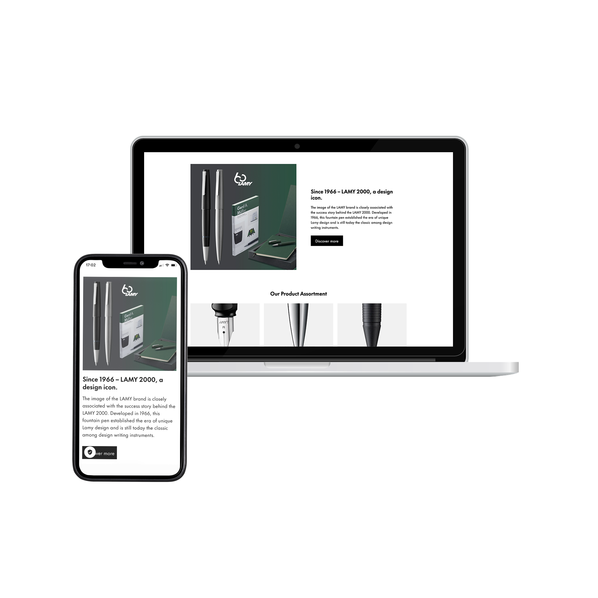The laptop and smartphone display an information page about the Lamy 2000 in desktop and mobile view.