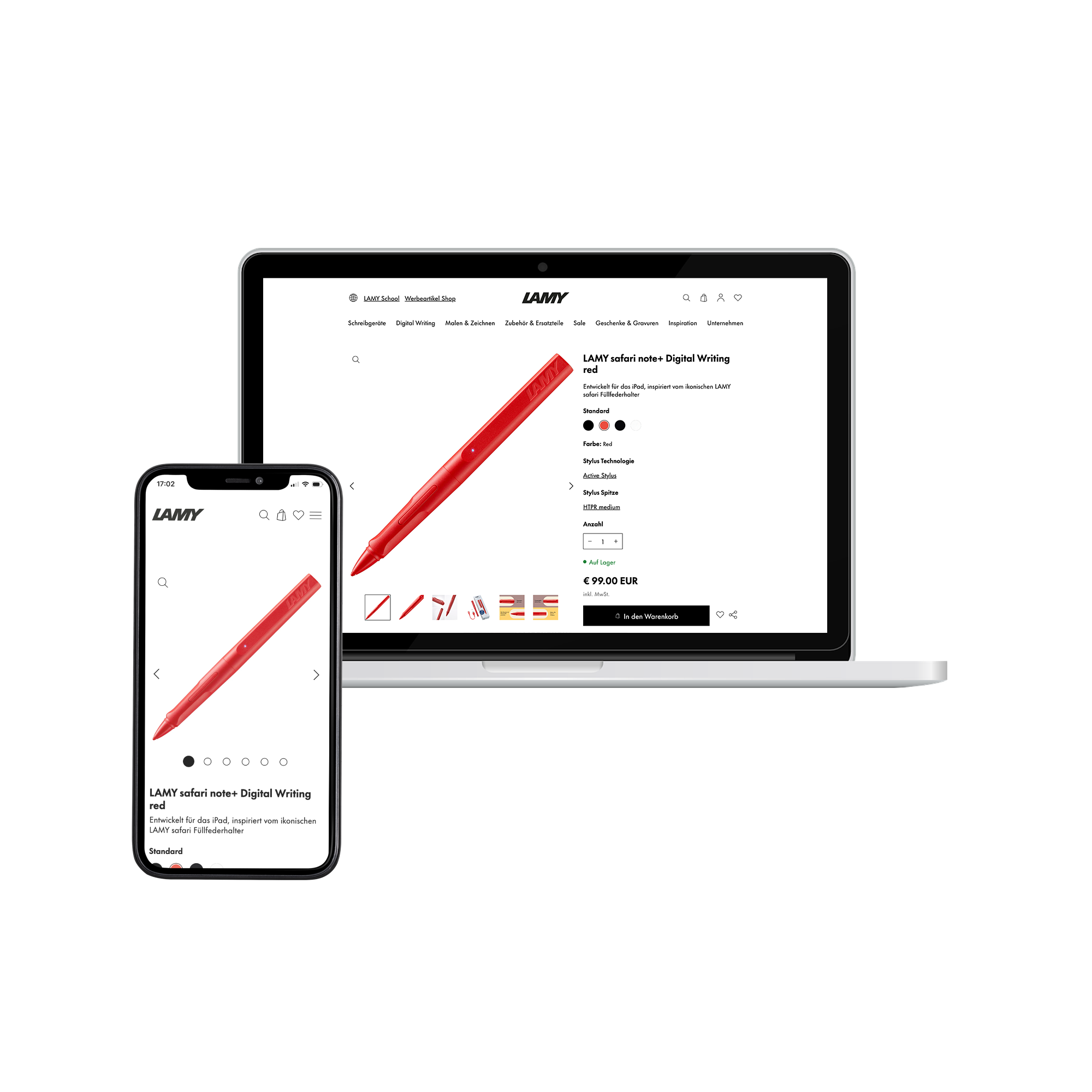 Laptop und Smartphone zeigen eine Lamy-Produktdetailseite in der Desktop- und Mobilansicht.