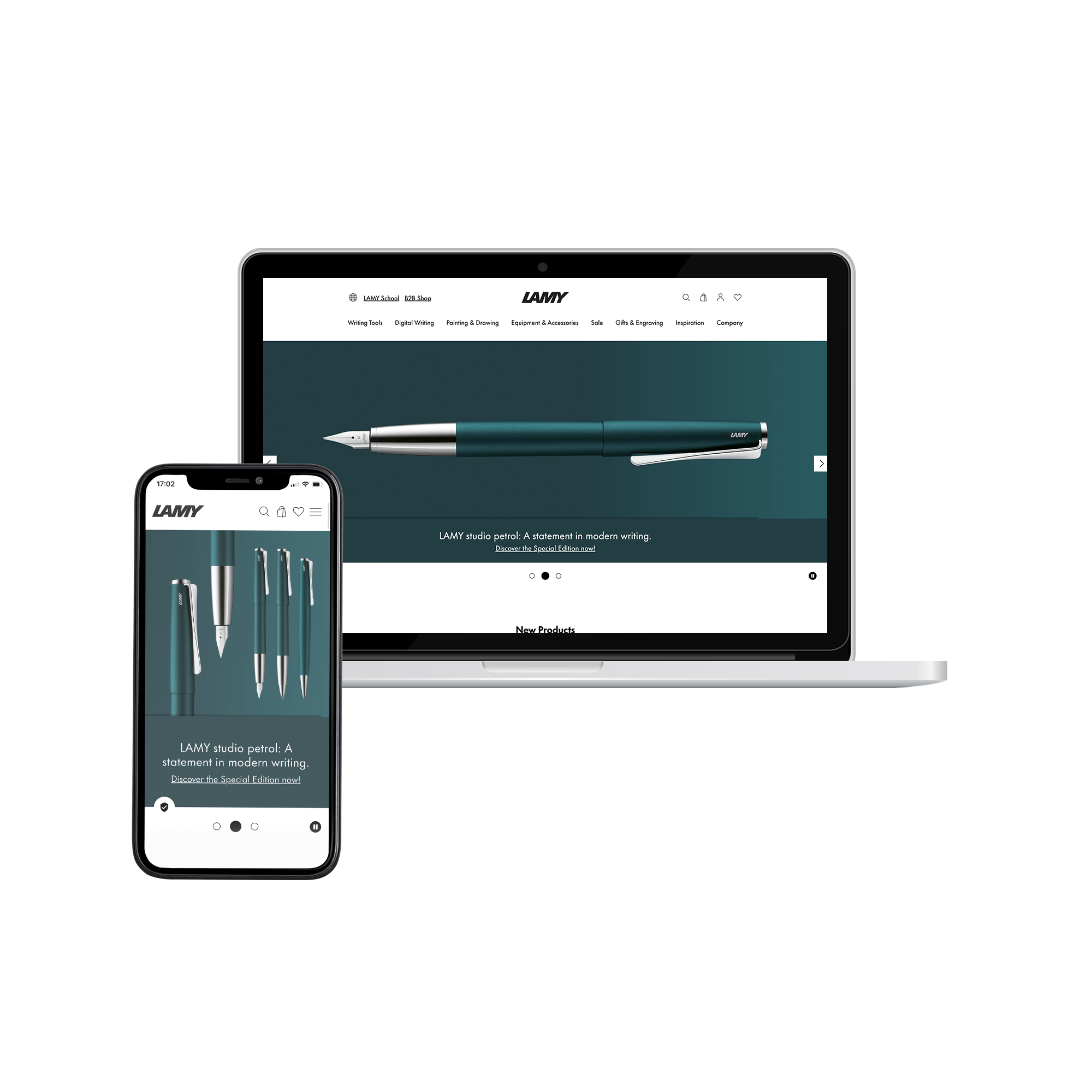 The laptop and smartphone display the Lamy website in desktop and mobile view.