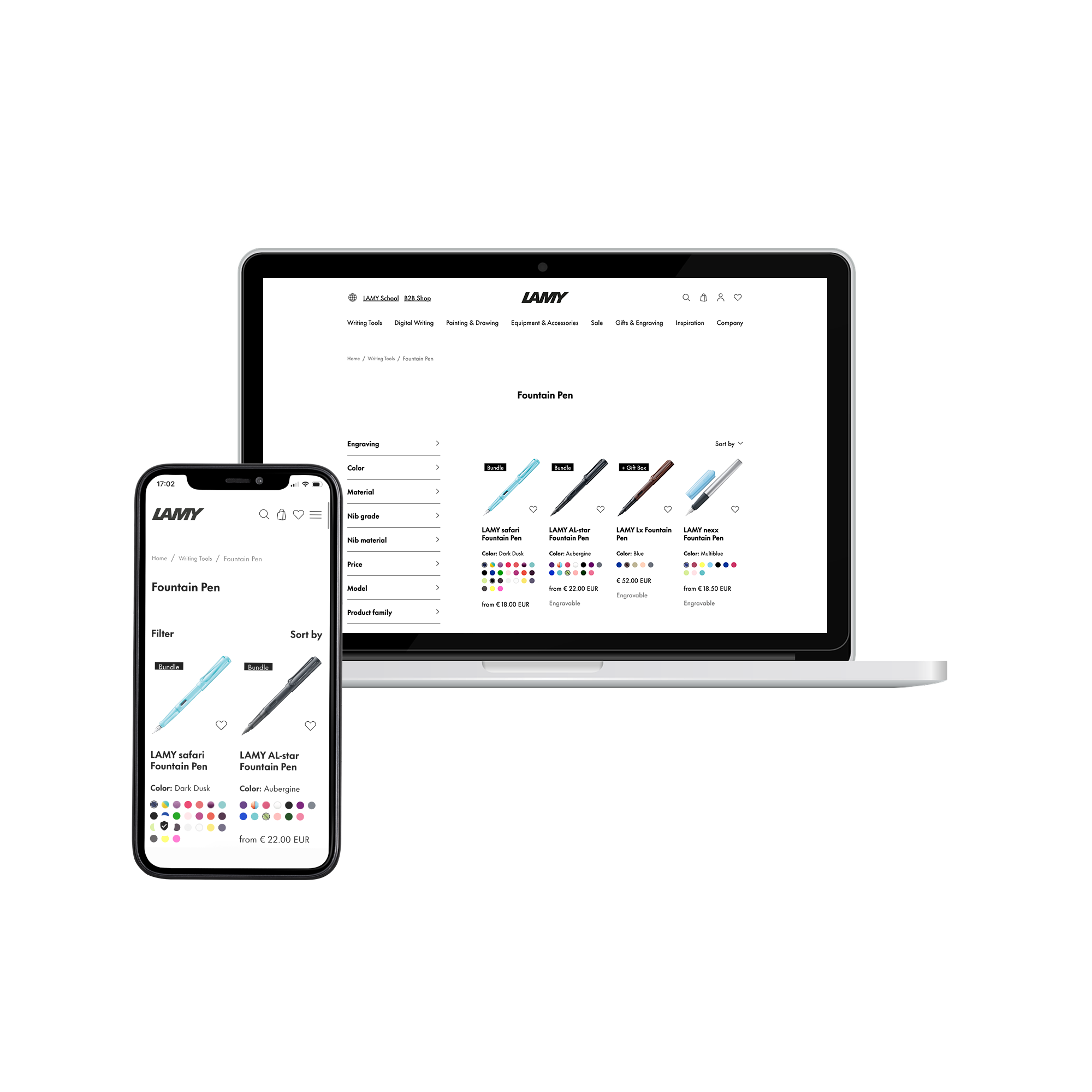 A laptop and a smartphone display a Lamy category page for fountain pens in desktop and mobile views.