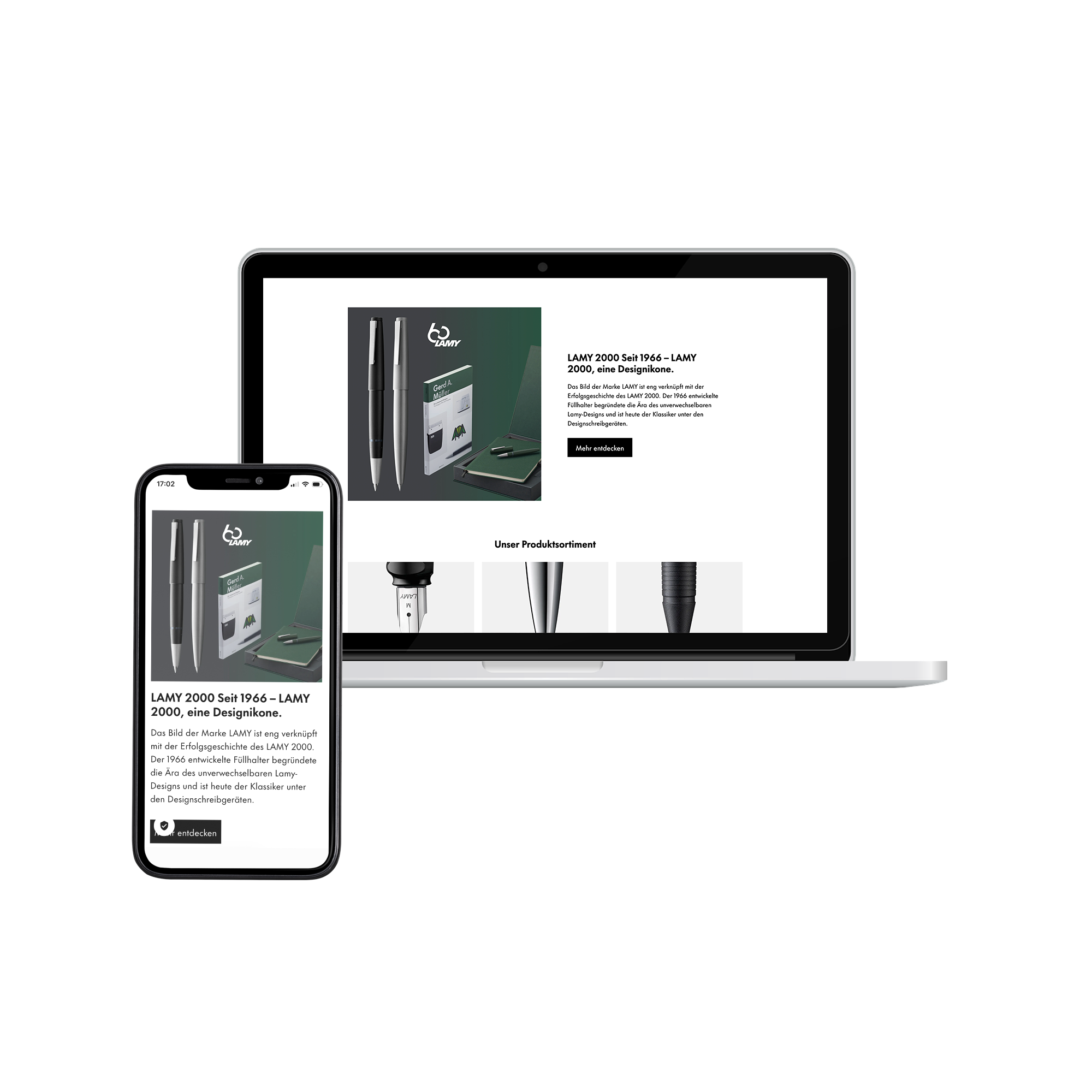 Laptop und Smartphone zeigen eine Info-Seite über den Lamy 2000 in der Desktop- und Mobilansicht.
