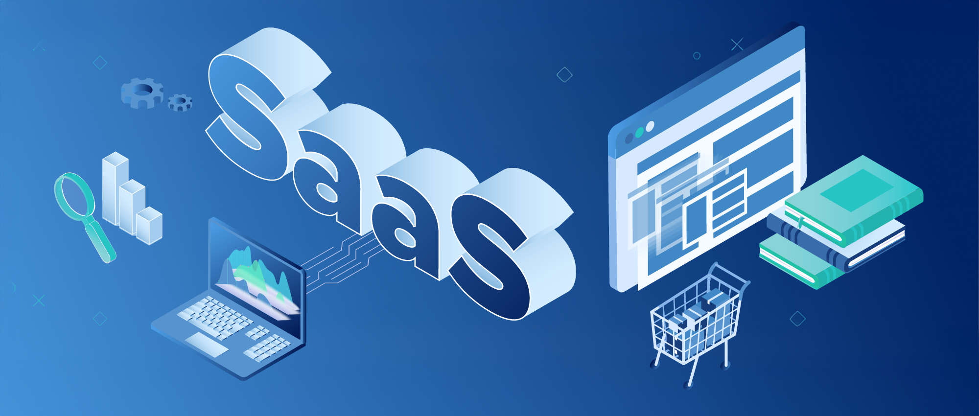 Isometrische Illustration des SaaS-Konzepts mit Laptop, Lupe, Warenkorb und Webbrowser auf einem blauen Hintergrund mit Farbverlauf.