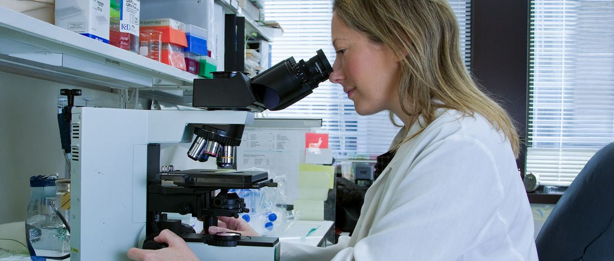 Ein Wissenschaftler in einem Laborkittel untersucht Proben durch ein Mikroskop in einer Laborumgebung mit Regalen voller Geräte und Zubehör im Hintergrund.