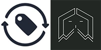 Icons: Left shows a price tag with circular arrows, symbolizing recycling. Right depicts a stylized face with angular features and arrows.