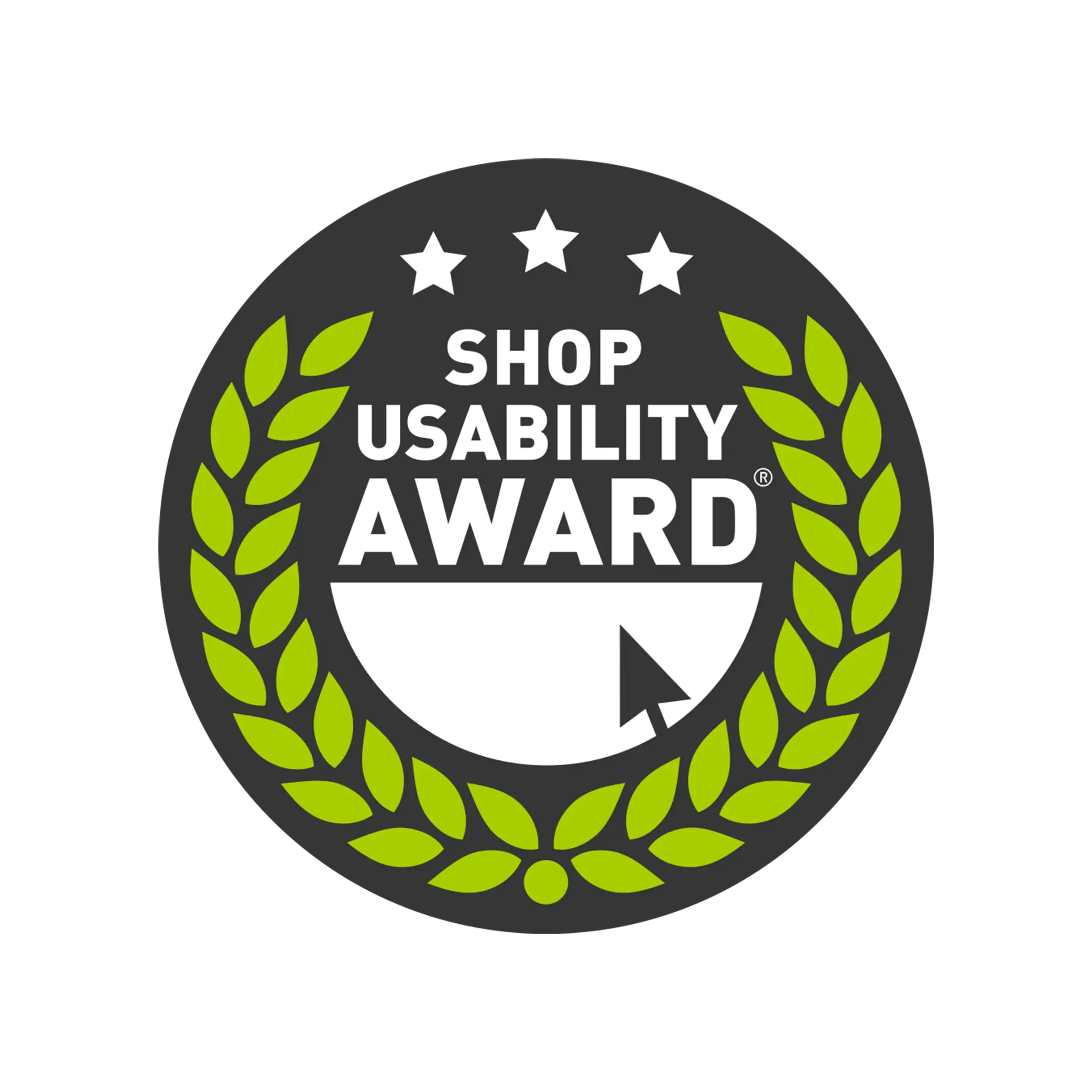 Rundes „Shop Usability Award“-Logo mit drei Sternen, grünen Lorbeerblättern und einem Mauszeiger.
