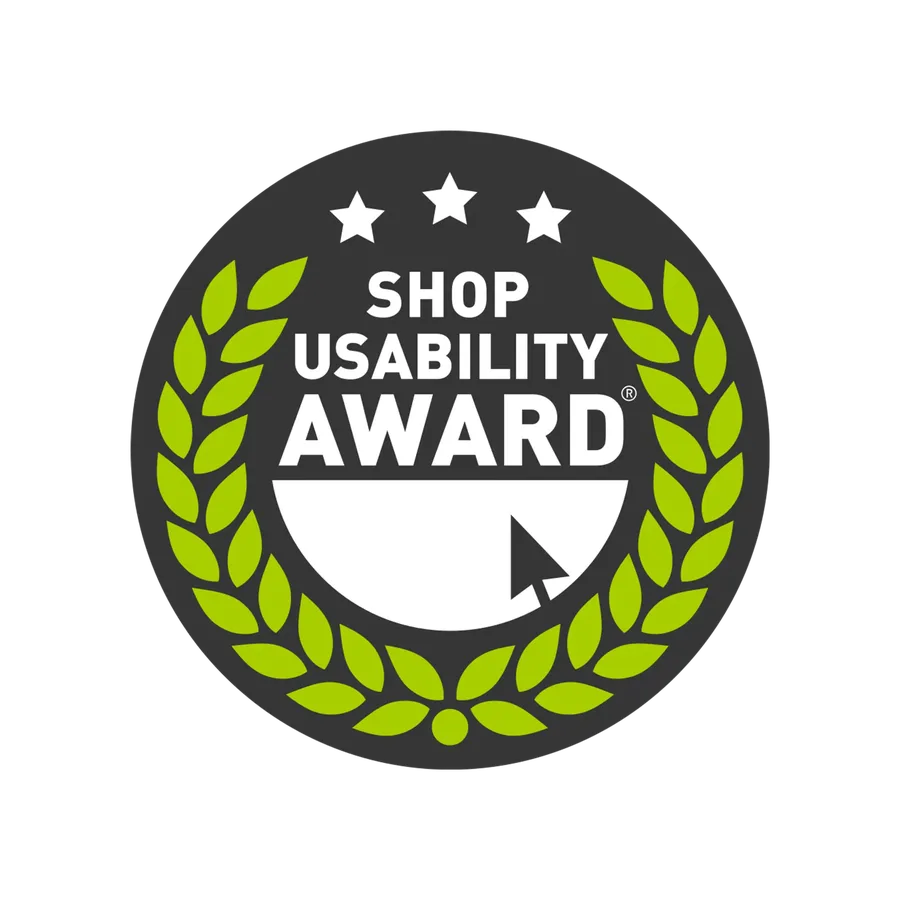 Rundes „Shop Usability Award“-Logo mit drei Sternen, grünen Lorbeerblättern und einem Mauszeiger.