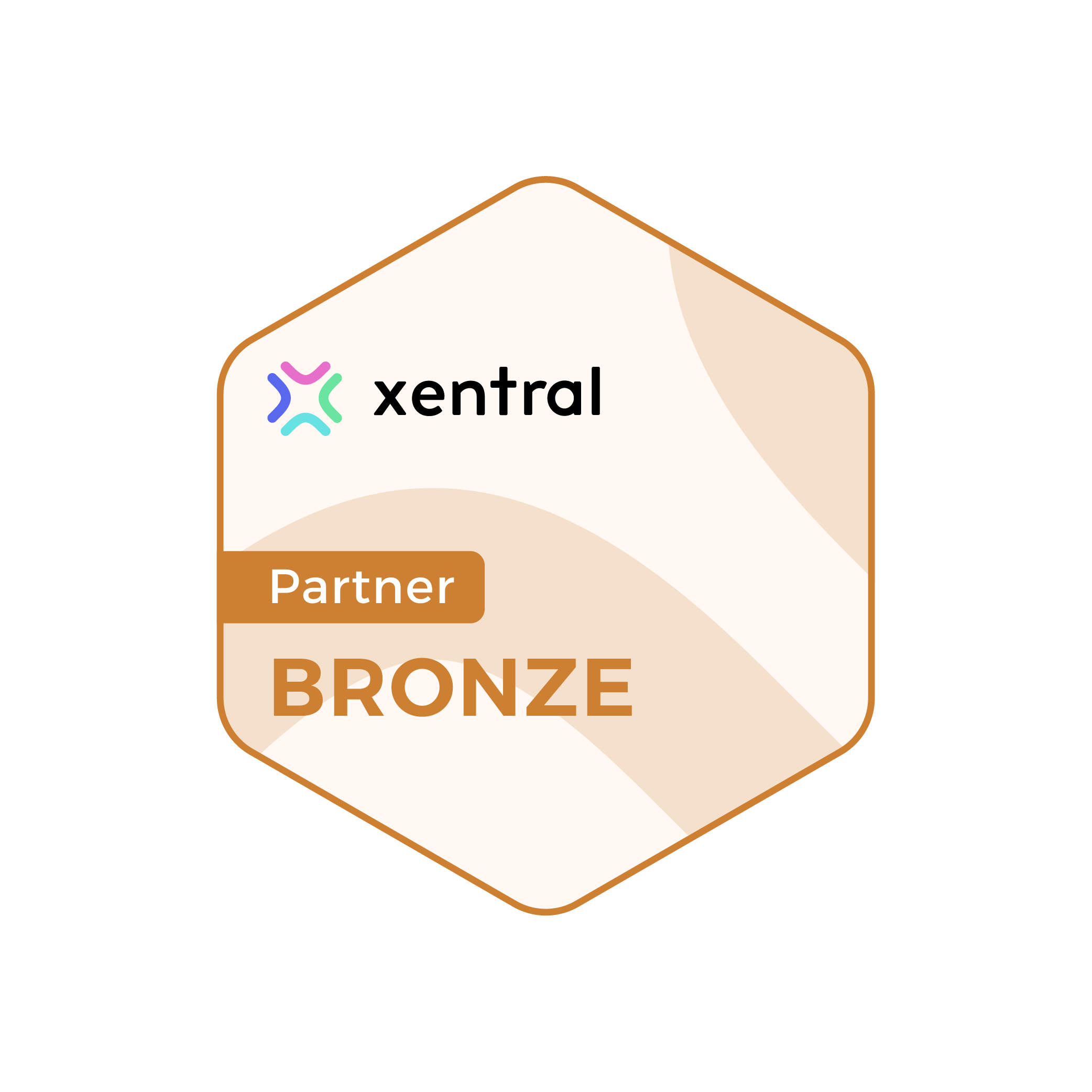 Xentral-Bronze-Partner-Abzeichen mit abstraktem Design und mehrfarbigem Logo auf sechseckiger Form.