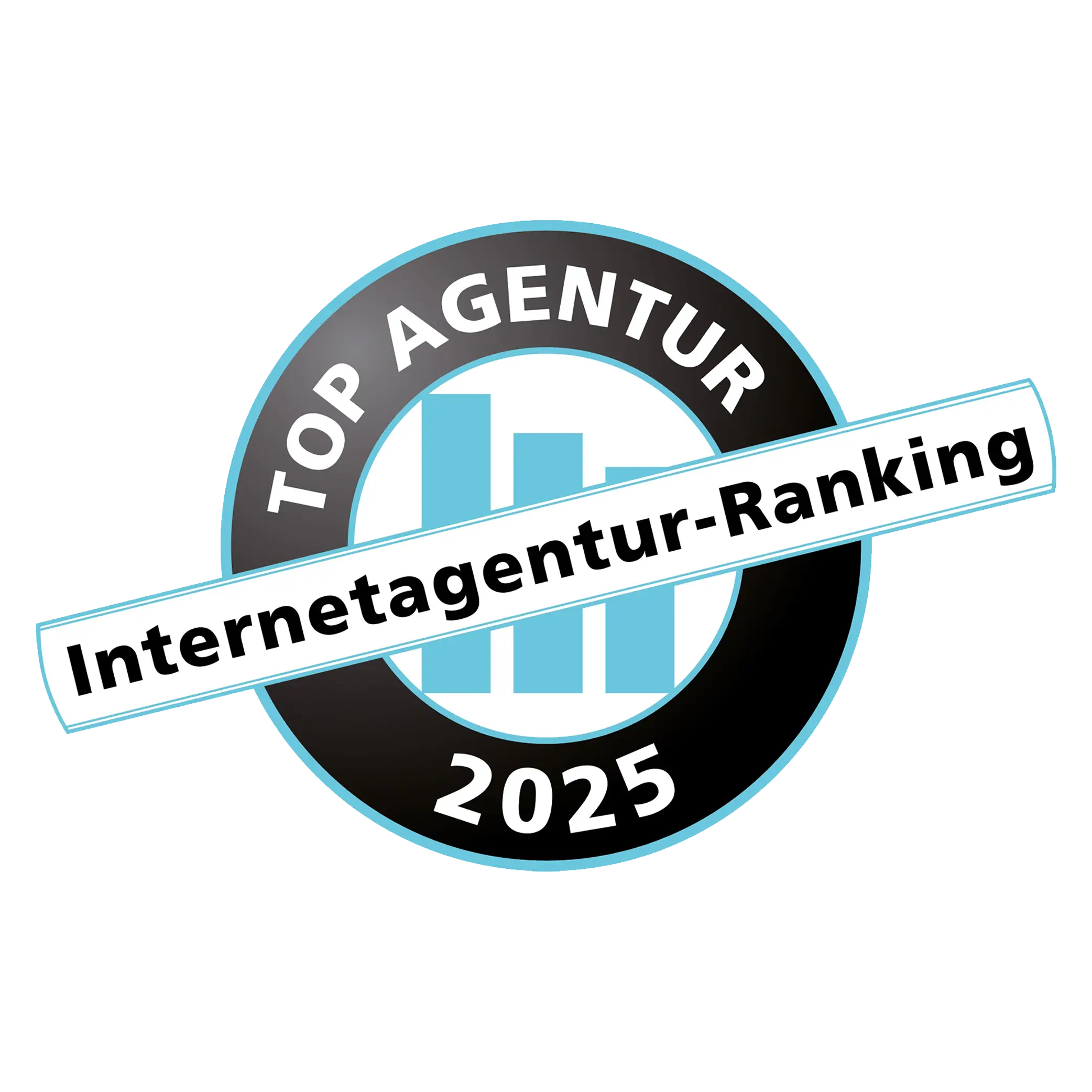 Rundes Logo mit dem Schriftzug „Top Agentur 2025”, einem Balkendiagramm und dem Banner „Internetagentur-Ranking” in der Mitte.