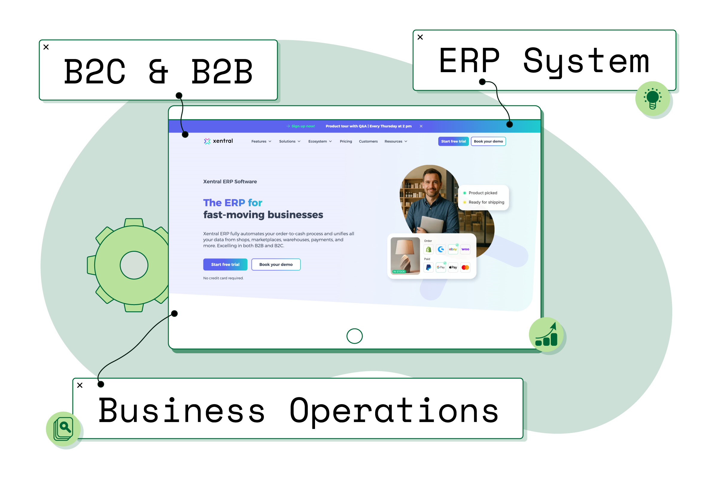 A screenshot of a website interface titled “Xentral ERP Software” with the text labels: “B2C & B2B,” “ERP System,” and “Business Operations.”