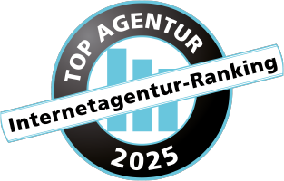 Circular 2025 badge: “TOP AGENCY” header, blue bar chart center, diagonal ribbon reading “Internet Agency Ranking.”