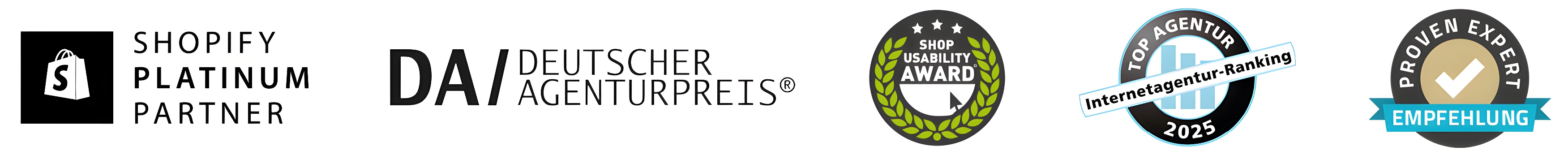 Logos und Auszeichnungen, darunter Shopify Platinum Partner, Deutscher Agenturpreis, Shop Usability Award, Top Agentur 2025 und Proven Expert.