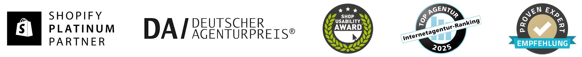 Logos und Auszeichnungen, darunter Shopify Platinum Partner, Deutscher Agenturpreis, Shop Usability Award, Top Agentur 2025 und Proven Expert.