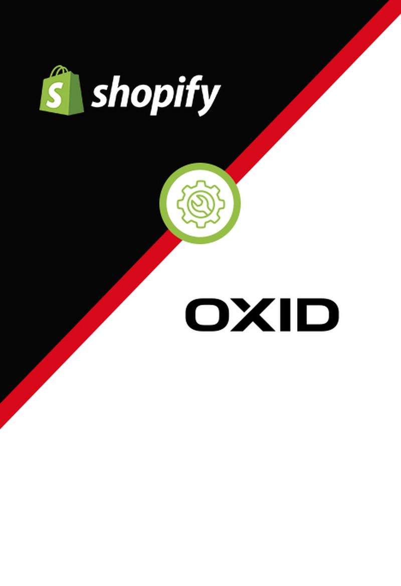 Diagonales geteiltes Bild mit Shopify-Logo auf schwarzem Hintergrund und OXID eShop-Logo auf weißem Hintergrund, getrennt durch ein grünes Zahnrad-Symbol.