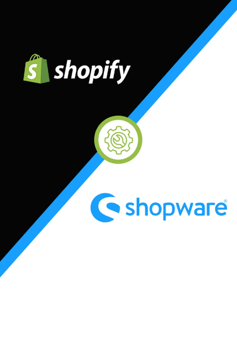 Diagonales geteiltes Bild mit Shopify-Logo auf Schwarz und Shopware-Logo auf Weiß, getrennt durch ein Zahnrad-Symbol.