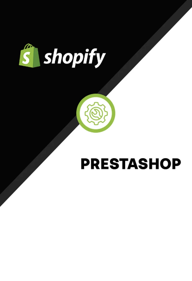 Diagonales geteiltes Bild mit Shopify-Logo auf schwarzem Hintergrund und PrestaShop-Logo auf weißem Hintergrund, getrennt durch ein Zahnrad-Symbol.