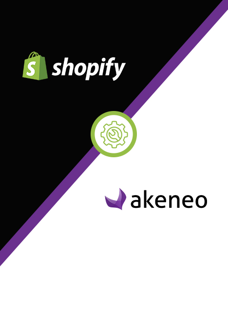 Geteiltes Bild mit Shopify-Logo auf schwarzem Hintergrund und Akeneo-Logo auf weißem Hintergrund, getrennt durch ein Zahnrad-Symbol.