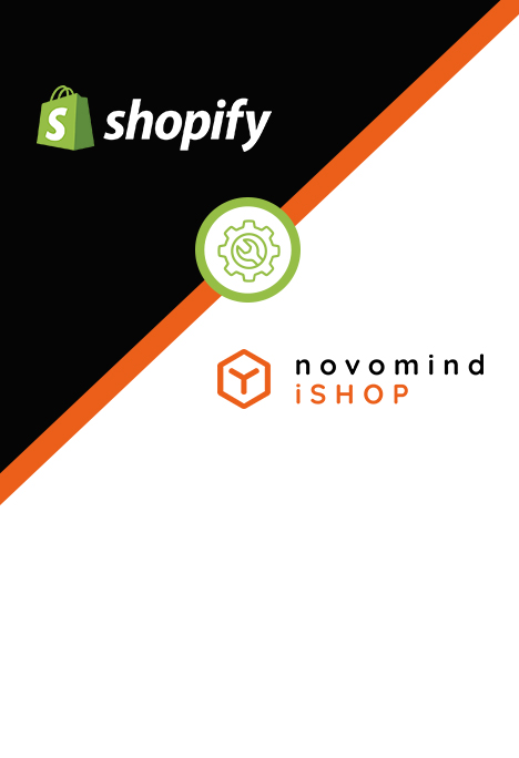 Die Logos von Shopify und novomind iSHOP sind durch eine diagonale Linie mit einem Zahnradsymbol in der Mitte getrennt, das die Integration symbolisiert.