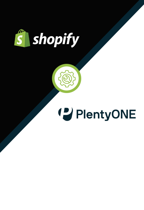 Diagonales geteiltes Bild mit Shopify-Logo auf Schwarz und PlentyONE-Logo auf Weiß, getrennt durch ein Zahnrad-Symbol.