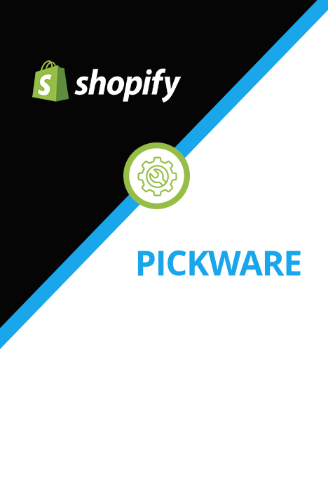 Diagonal geteilter Hintergrund mit Shopify-Logo auf Schwarz und Pickware-Logo auf Weiß, getrennt durch ein Zahnrad-Symbol in einem grünen Kreis.