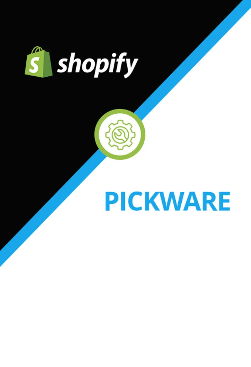 Diagonal geteilter Hintergrund mit Shopify-Logo auf Schwarz und Pickware-Logo auf Weiß, getrennt durch ein Zahnrad-Symbol in einem grünen Kreis.