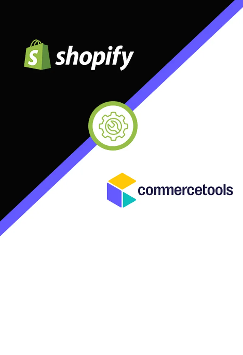 Diagonales geteiltes Bild mit dem Shopify-Logo auf der linken Seite und dem Commercetools-Logo auf der rechten Seite, getrennt durch ein Zahnradsymbol.