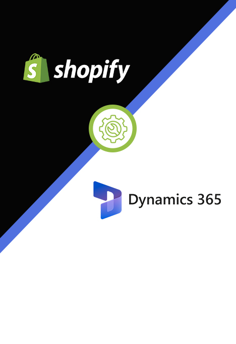 Diagonales geteiltes Bild mit Shopify-Logo auf der linken Seite, Dynamics 365-Logo auf der rechten Seite und einem Zahnrad-Symbol in der Mitte.