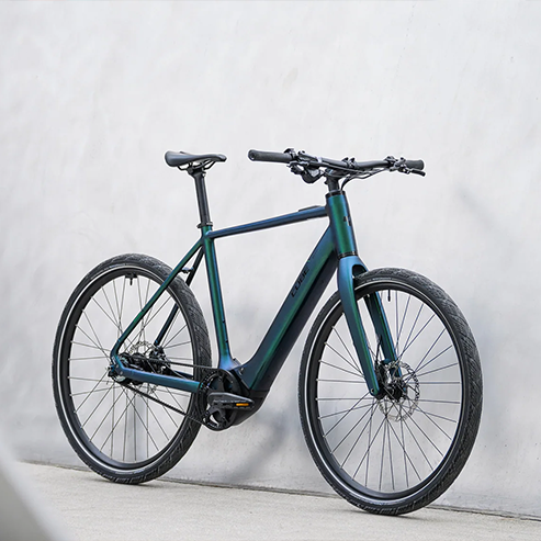 Ein elegantes, modernes Elektrofahrrad mit dunklem Rahmen und breiten Reifen, das an einer hellgrauen Wand lehnt.