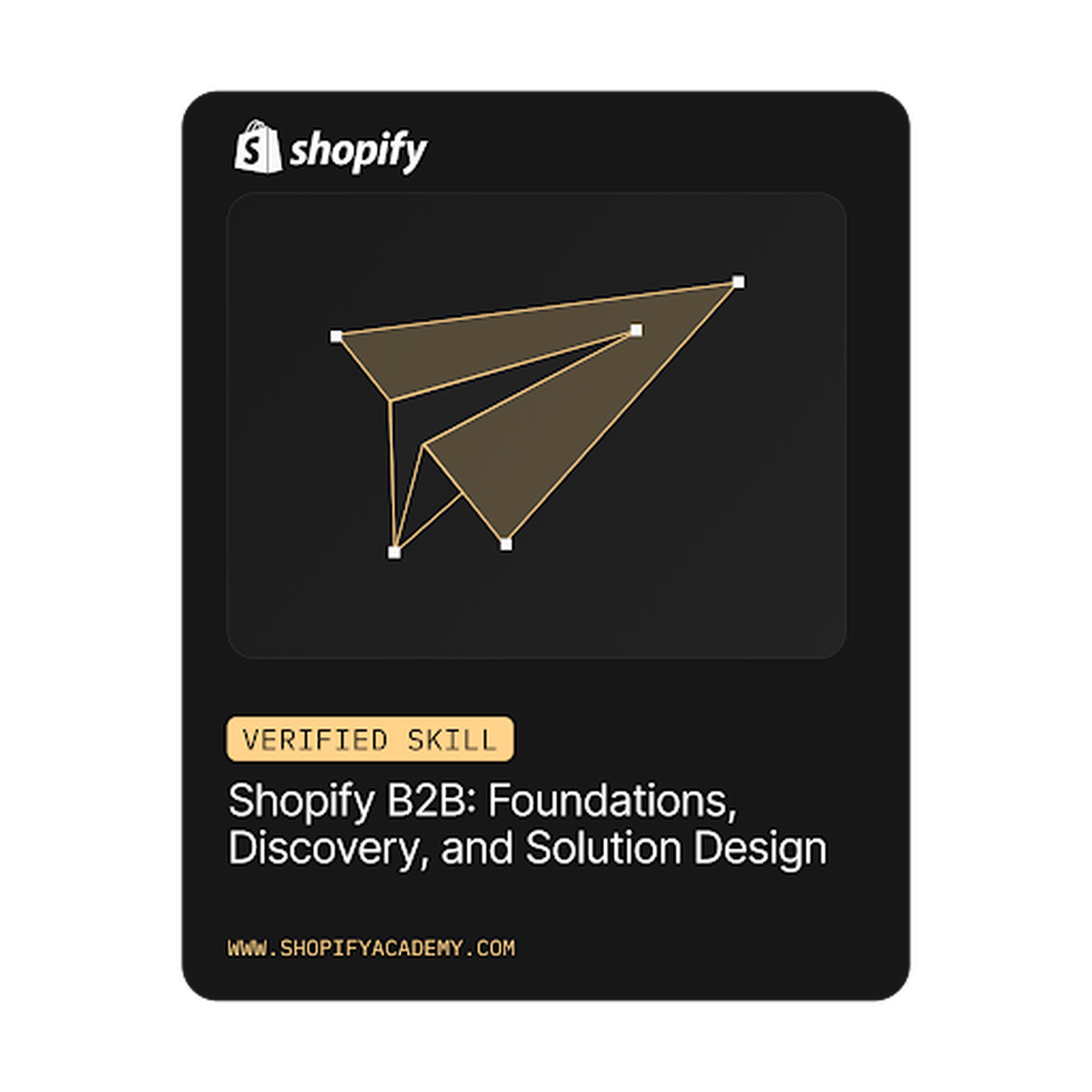 Shopify certificate for “B2B: Foundations, Discovery, and Solution Design” featuring a paper airplane graphic and a “Verified Skill” badge.